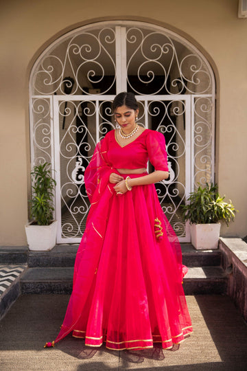 Pink Organza Puff Sleeves Fancy Lehenga Choli