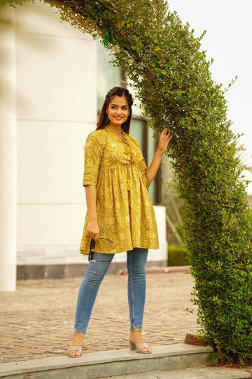Mustard Floral Print Designer Cotton Top for Women