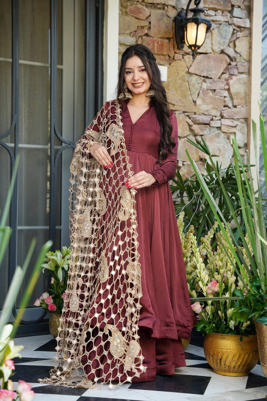 Samragyaa Brown Trendy Anarkali Suit Set