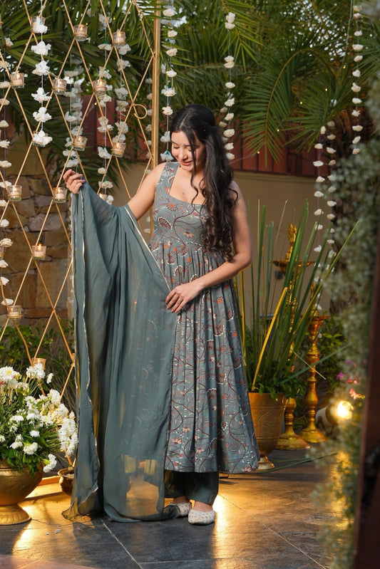 Greyish Printed Rayon Suit Set