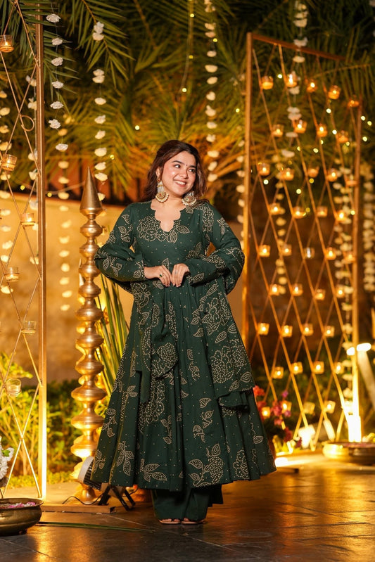 Vritika Green Cotton Anarkali Suit Set