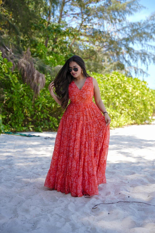 Vibrant Peach Red Petal Designer Georgette Maxi Dress