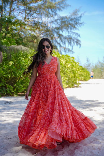 Vibrant Peach Red Petal Designer Georgette Maxi Dress