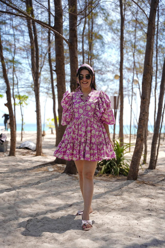 Lavender Designer Floral Lily Cotton Midi Dress