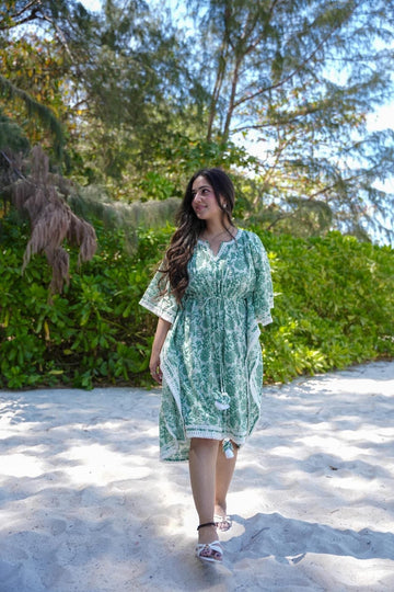 Minty Green Mirage Printed Kaftan Cotton Dress