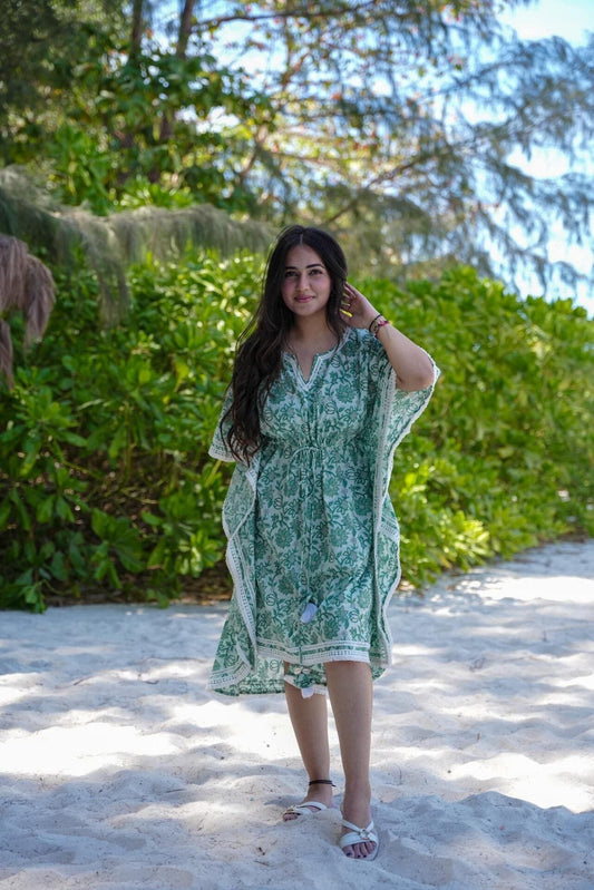 Minty Green Mirage Printed Kaftan Cotton Dress