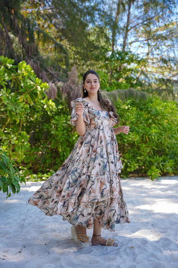 Beige Designer Pearl Frill Delight Below Knee Maxi Gown Dress