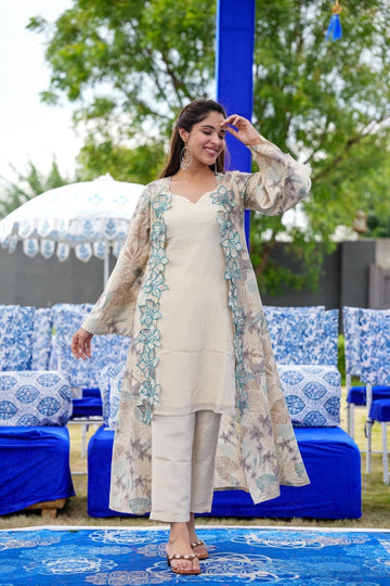 Elegant Ecru Straight Fusion Wear 3 Piece Set