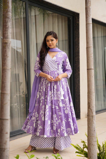Evadne Purple Printed Cotton Suit Set