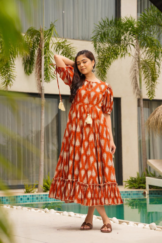 Rust Paisley Cotton Printed Dress