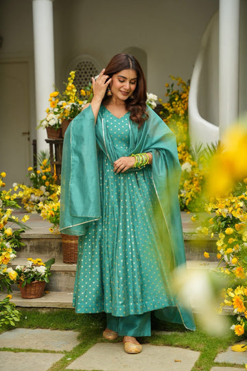 Lumina Blue Chanderi Anarkali Suit Set
