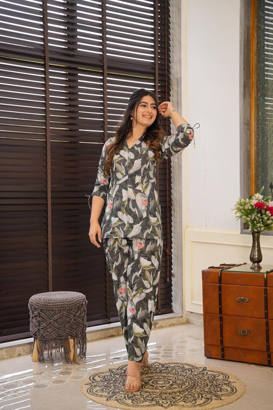 Grey & White Serene Cotton Duo Co Ord Set For Women