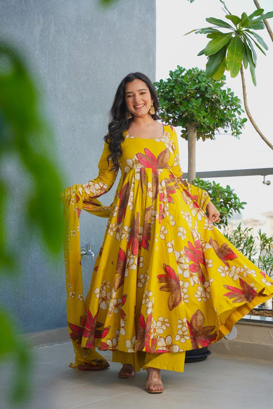 Pale Gold Cotton Anarkali Suit Set with Dupatta