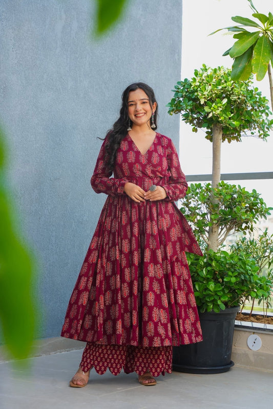 Gulrin Red Cotton Kurta Set