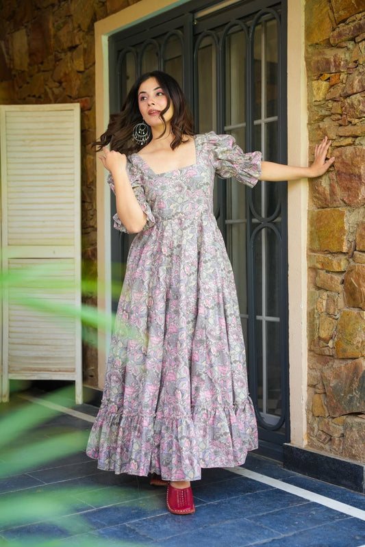 Grey Bloom Cotton Dress