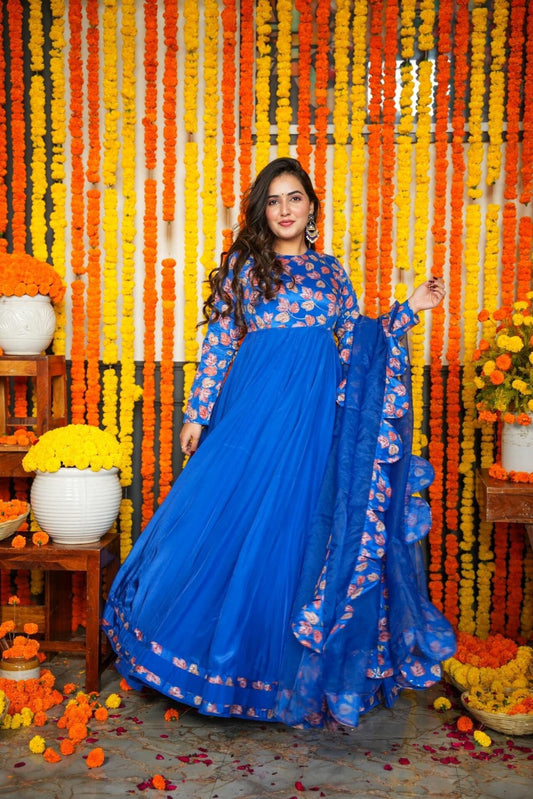Ridhi Bright Blue Maxi Gown Dress with Organza Dupatta