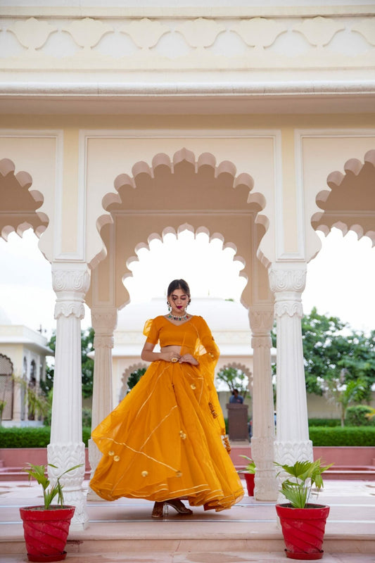 Yellow Organza Puff Sleeves Lehenga & Blouse With Dupatta